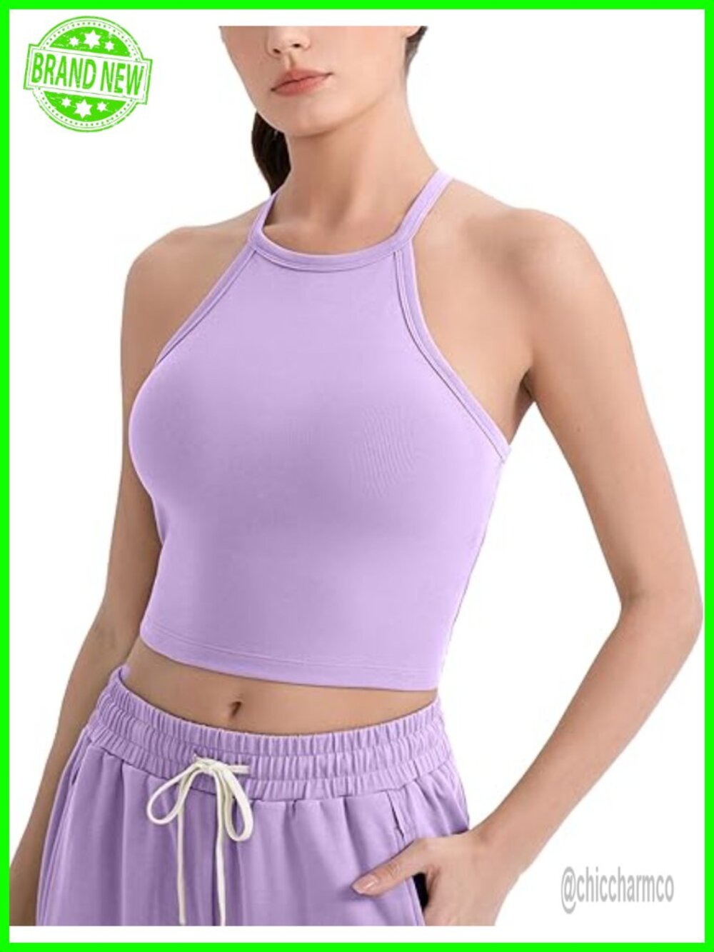 Halter High Neck Workout Top with Built-in Bra Sleeveless Yoga Camisole Ribbed